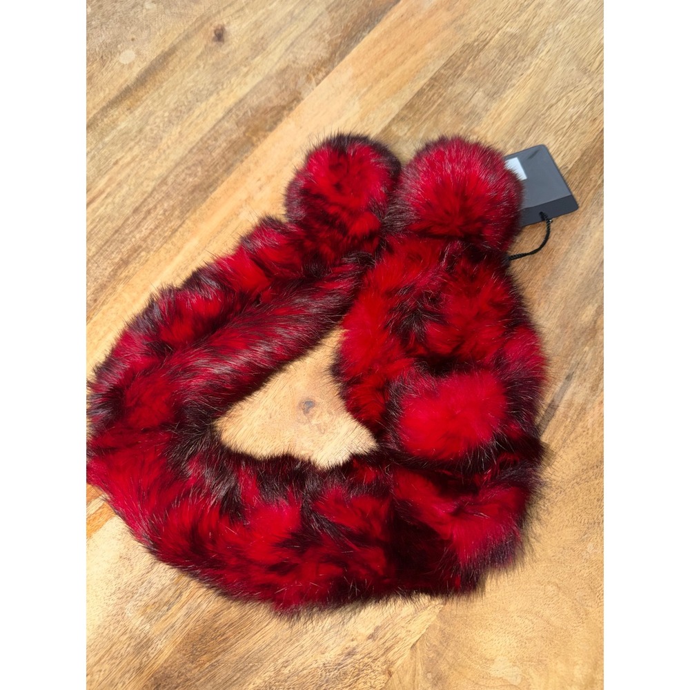 MIC HAA Red Black Dyed Fur Scarf Stole Wrap Pom Pom Accents NWT